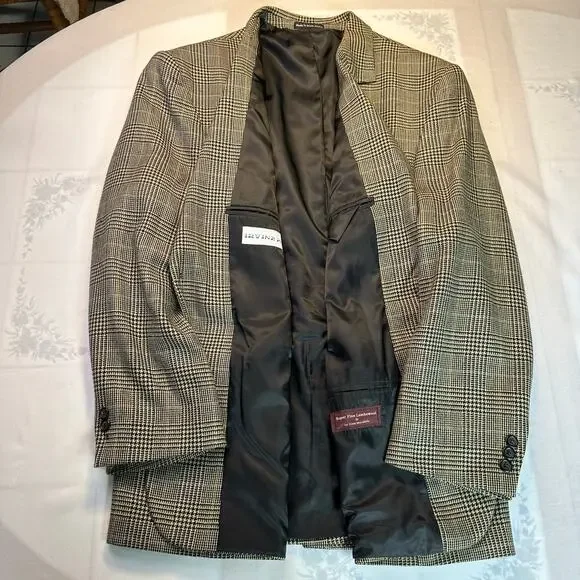 Irvine Park Glenn Plaid Men 44S Blazer Sport Coat Super Fine Lambswool Tan